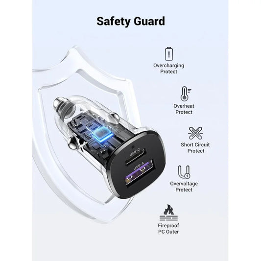 UGREEN 30W Dual Port Fast Car Charger EC305 USB-C + USB-A (25845)