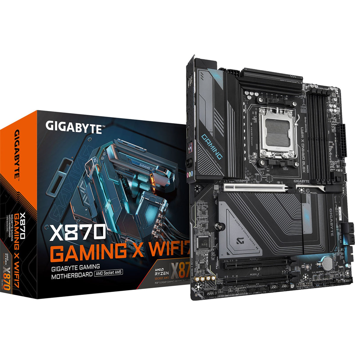 GIGABYTE X870 GAMING X WIFI7 motherboard box and product