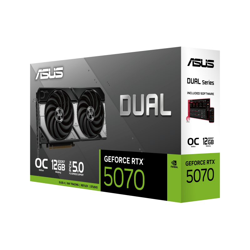 ASUS Dual GeForce RTX 5070 12GB GDDR7 OC Edition DUAL-RTX5070-O12G — retail packaging