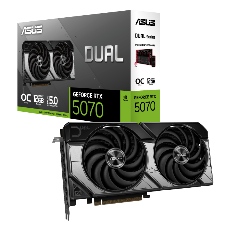ASUS Dual GeForce RTX 5070 12GB GDDR7 OC Edition DUAL-RTX5070-O12G — retail box angled