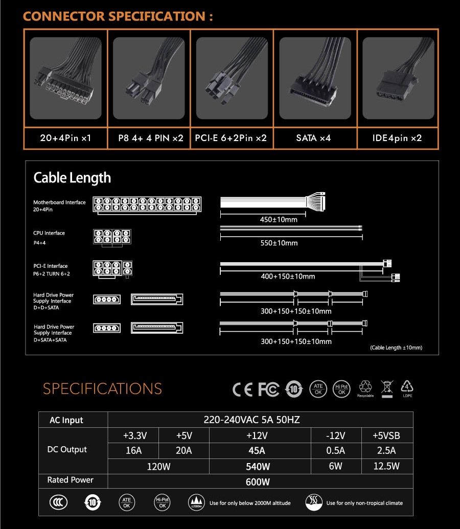 DarkFlash WA600 600W Non-Modular ATX Power Supply specifications and connectors
