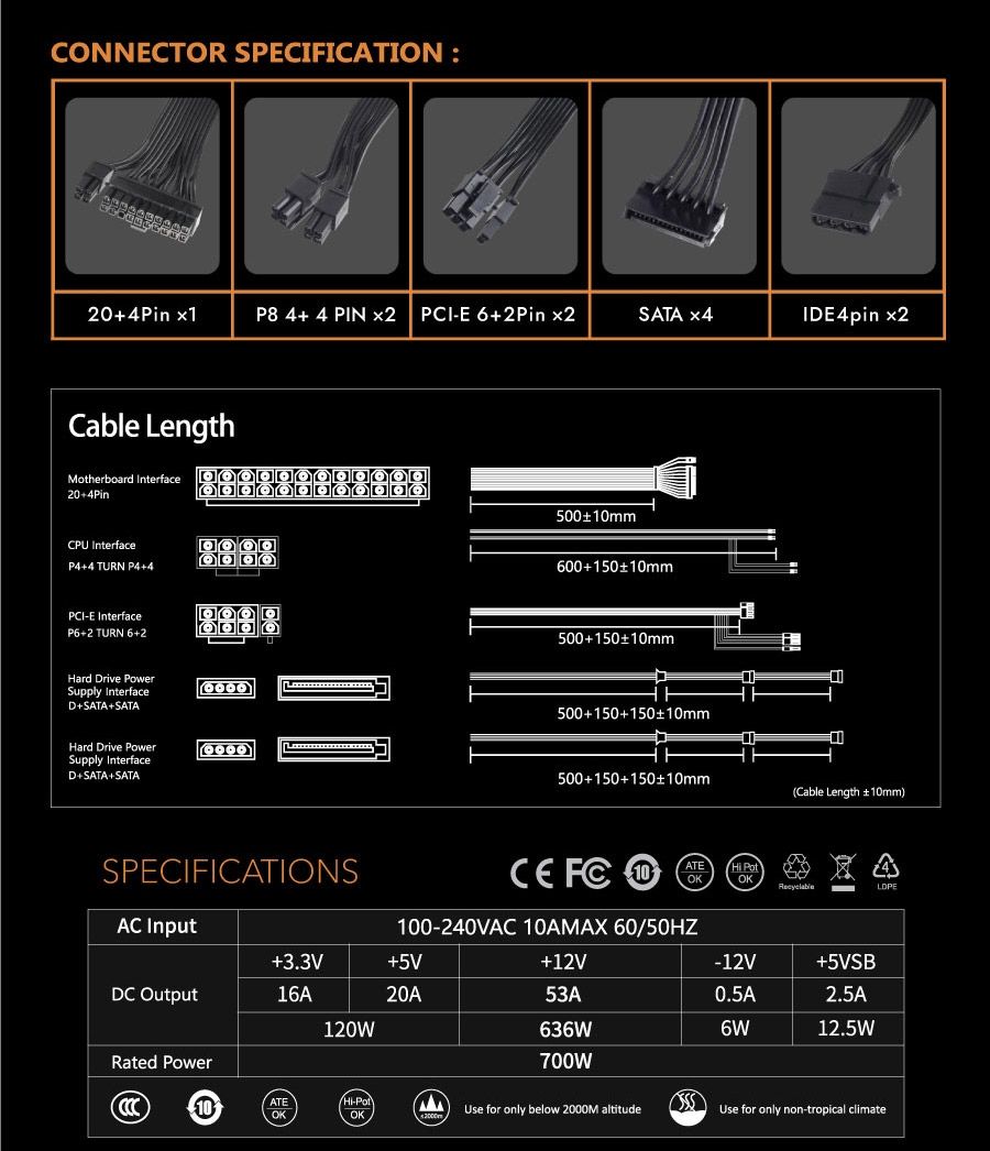 DarkFlash WA700 700W Non-Modular ATX Power Supply specifications and connectors