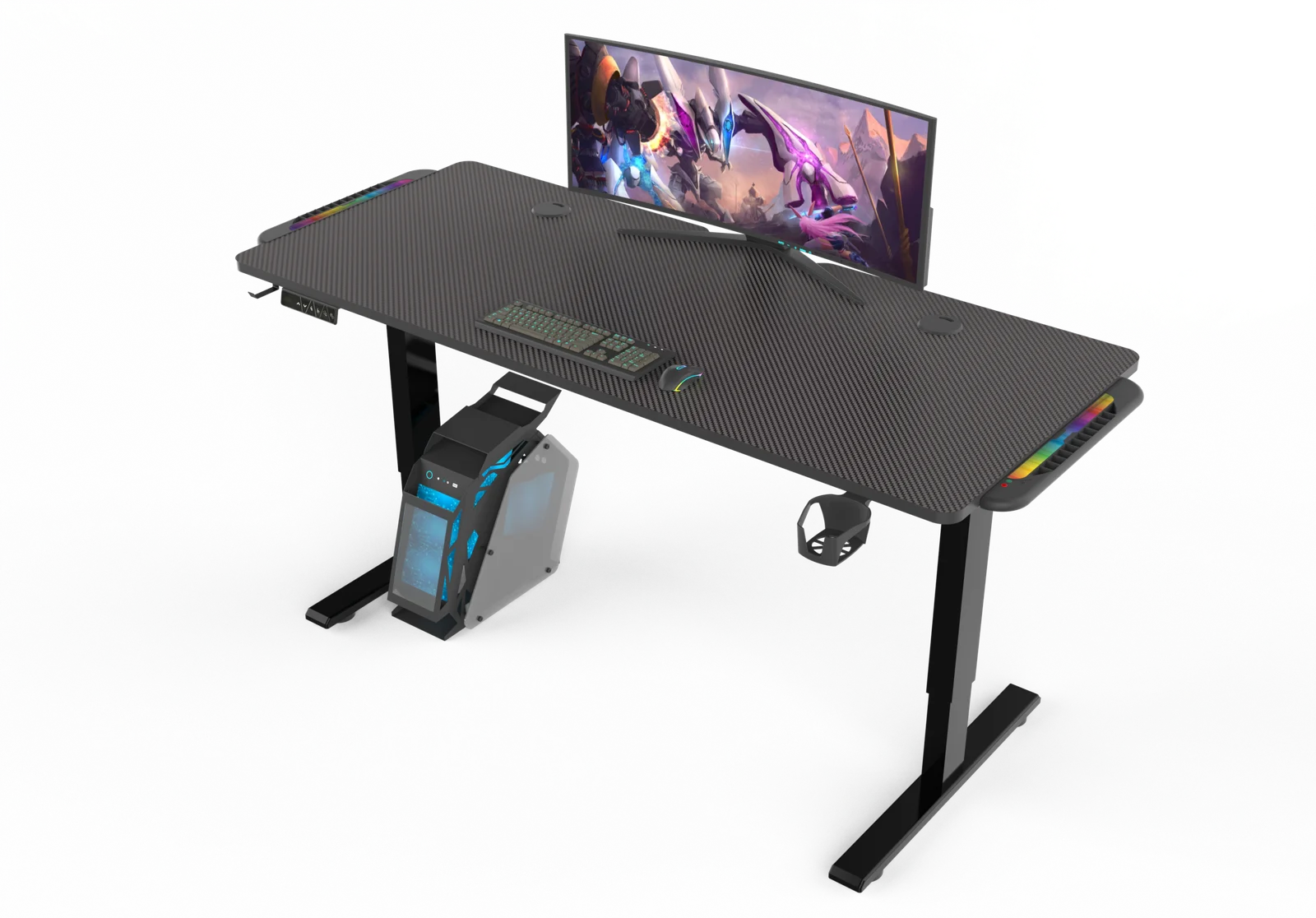 Adjustable gaming desk 140 by 60 cm black front view