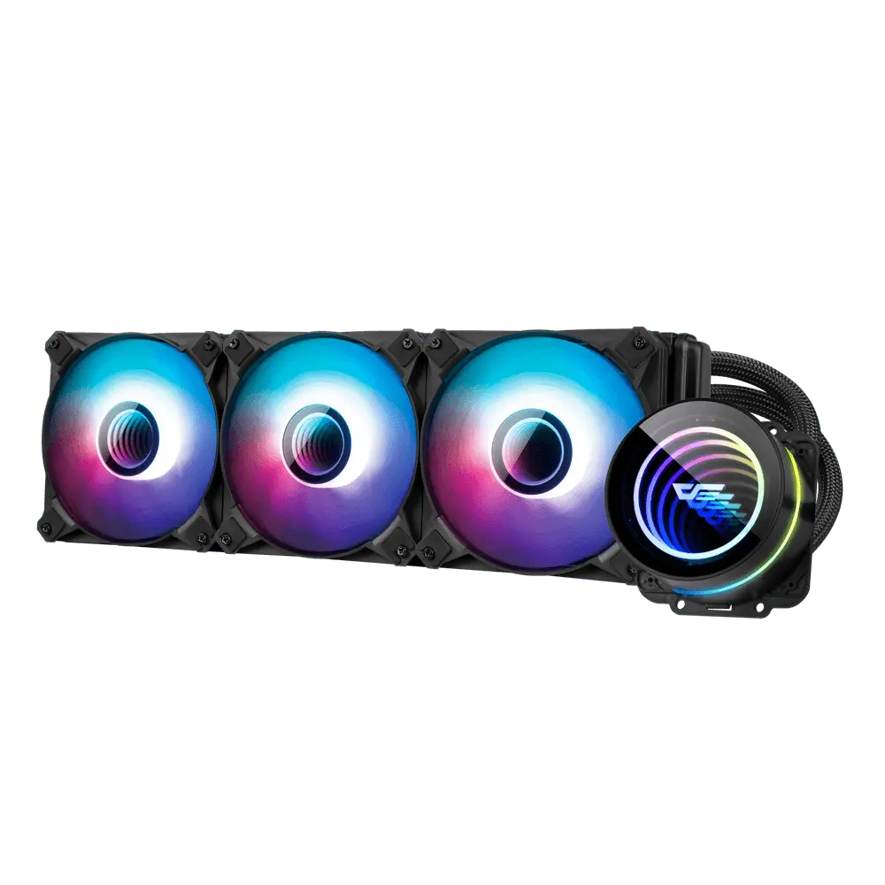 Close-up of DarkFlash Twister DX360 V2.6 radiator and ARGB fans