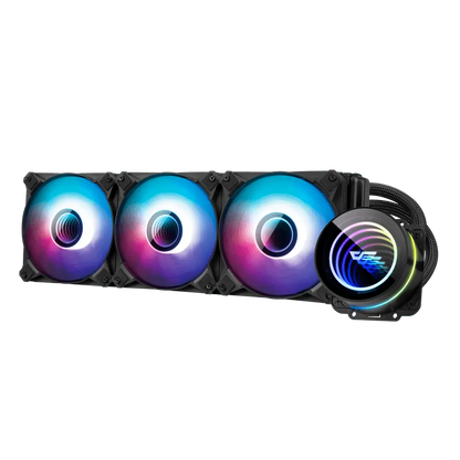 Close-up of DarkFlash Twister DX360 V2.6 radiator and ARGB fans