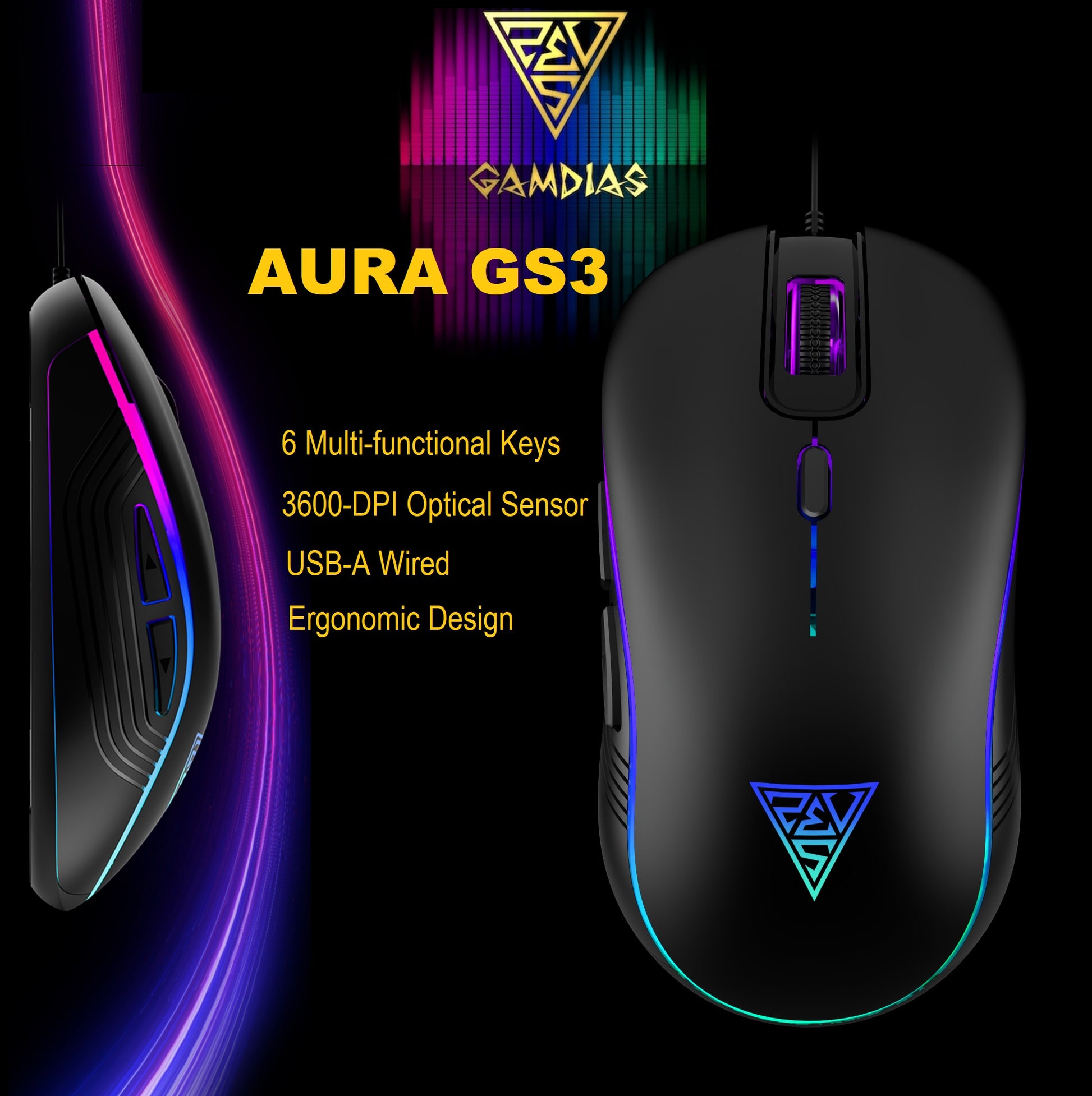 GAMDIAS AURA GS3 RGB wired gaming mouse front view
