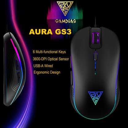 GAMDIAS AURA GS3 RGB wired gaming mouse front view