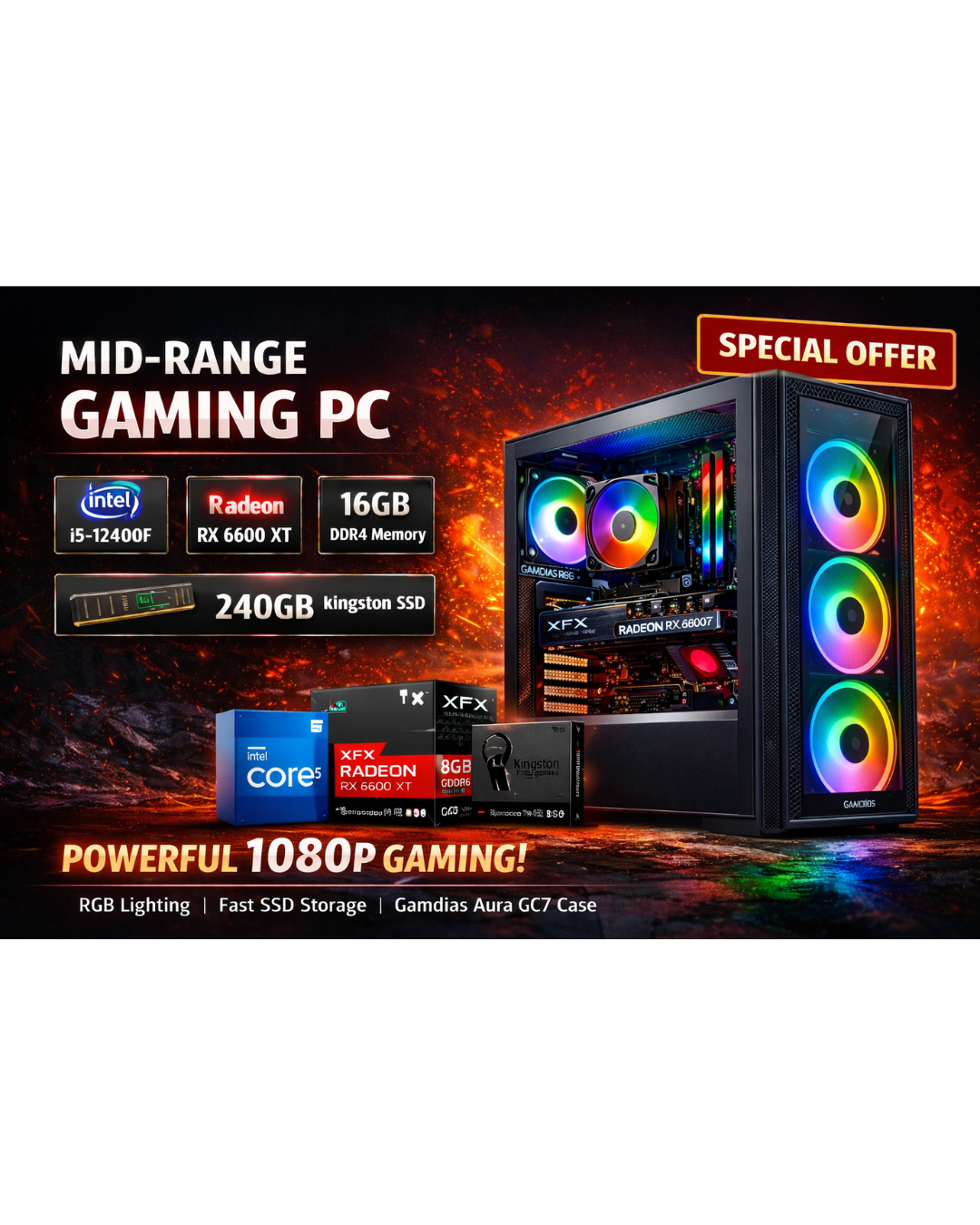 Gaming PC with Intel i5 12400F and RX 6600 XT inside RGB case