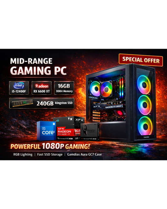 Gaming PC with Intel i5 12400F and RX 6600 XT inside RGB case