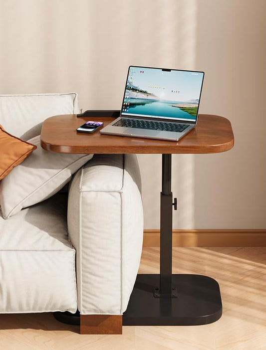 Adjustable rolling C-shaped side table with swivel tray