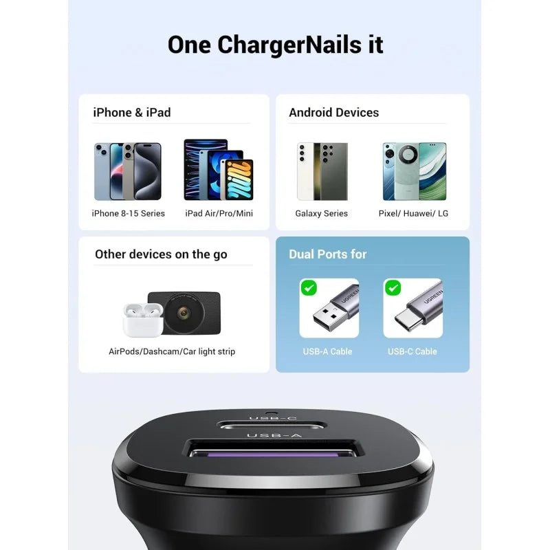 UGREEN 30W Dual Port Fast Car Charger EC305 USB-C + USB-A (25845)