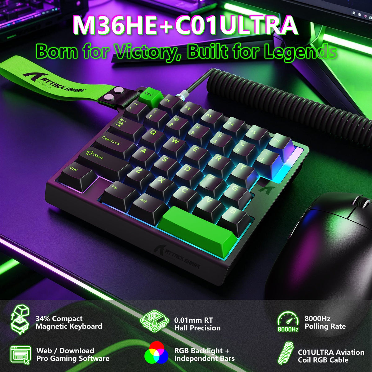Attack Shark M36 HE Black one-handed magnetic keyboard angle view