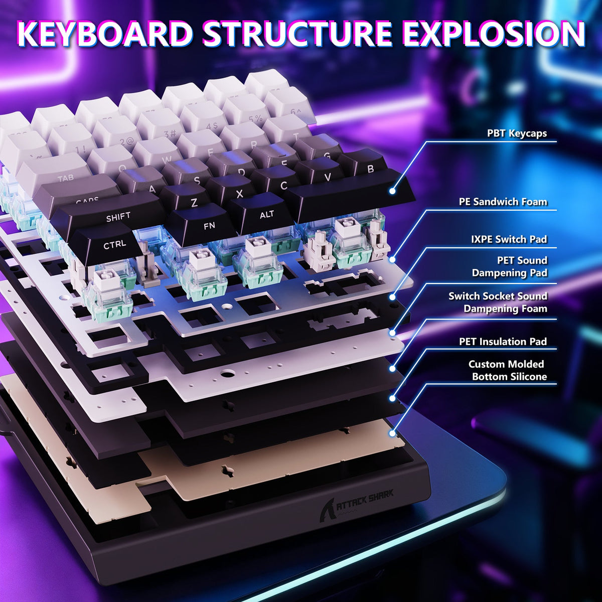 Attack Shark M36 HE Gray Gradient one-handed magnetic keyboard RGB view