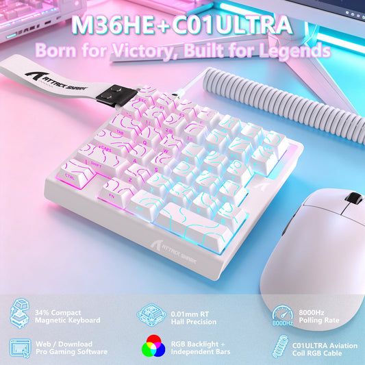 Attack Shark M36 HE White Contours one-handed magnetic keyboard angle view