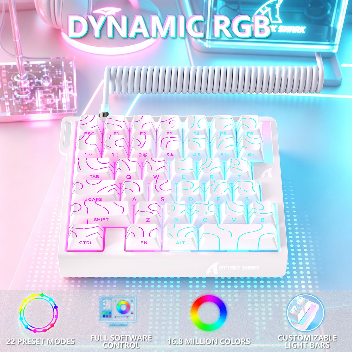 Attack Shark M36 HE White Contours one-handed magnetic keyboard detail view