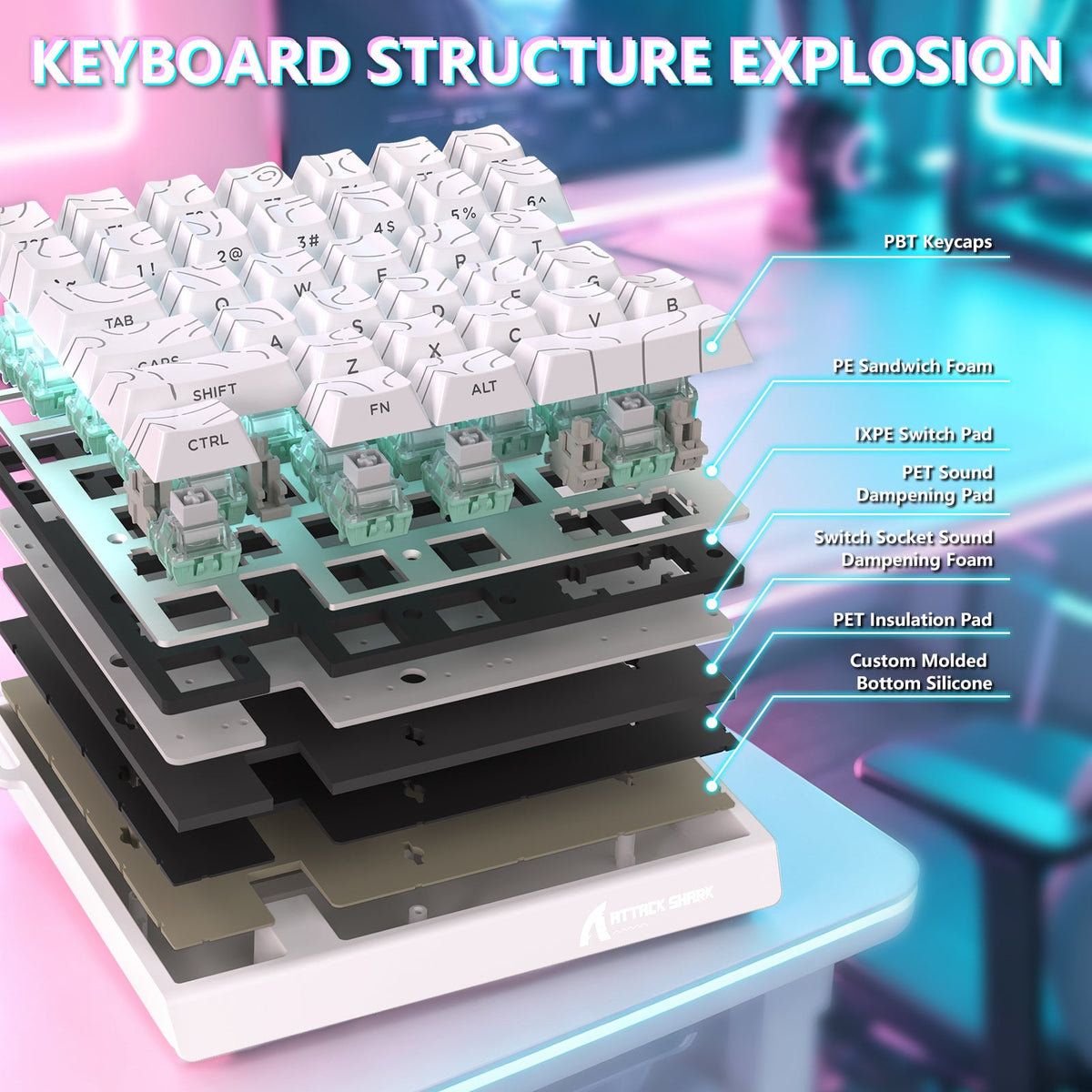 Attack Shark M36 HE White Contours one-handed magnetic keyboard RGB view