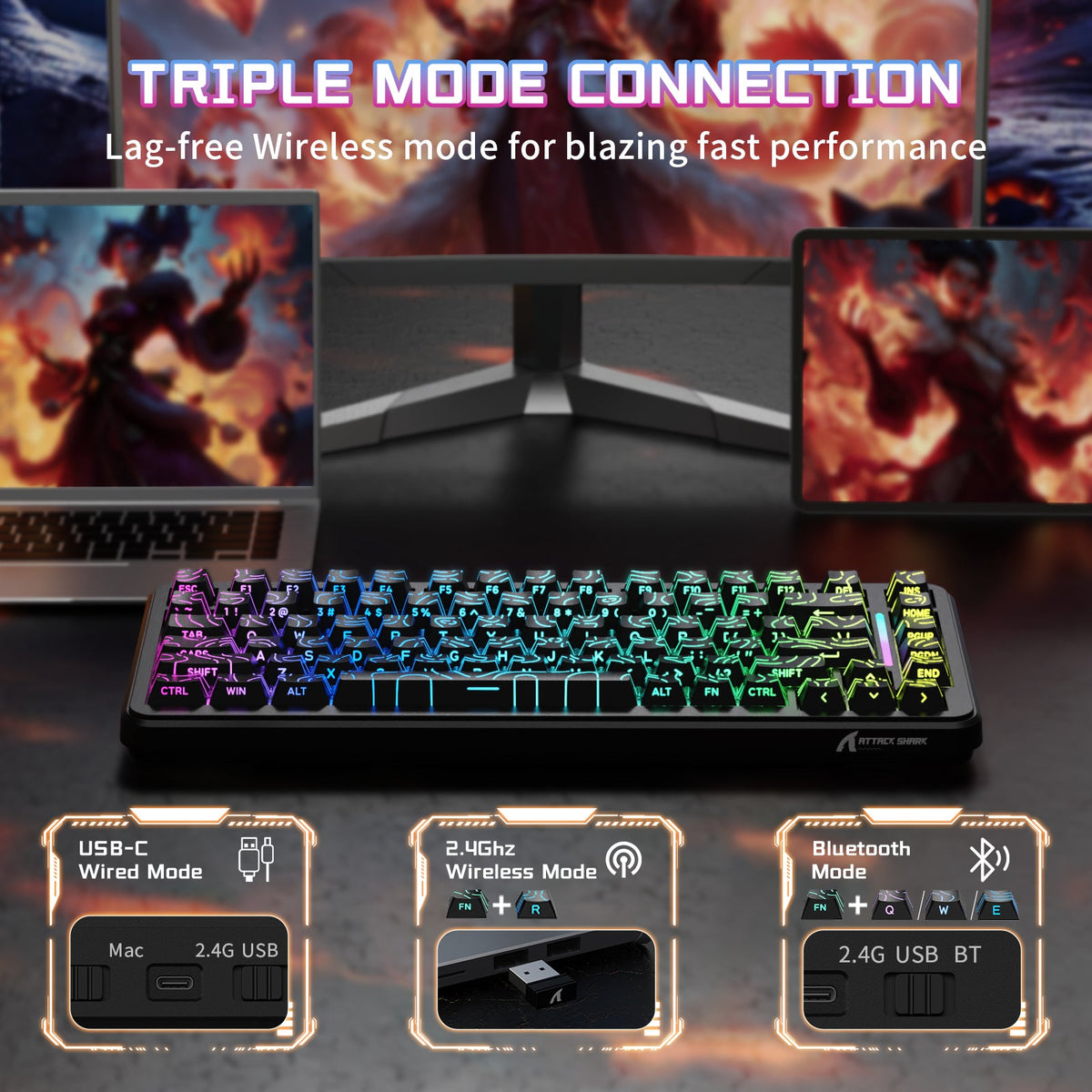 ATTACK SHARK X82 PRO HE Black Contours tri-mode connectivity view