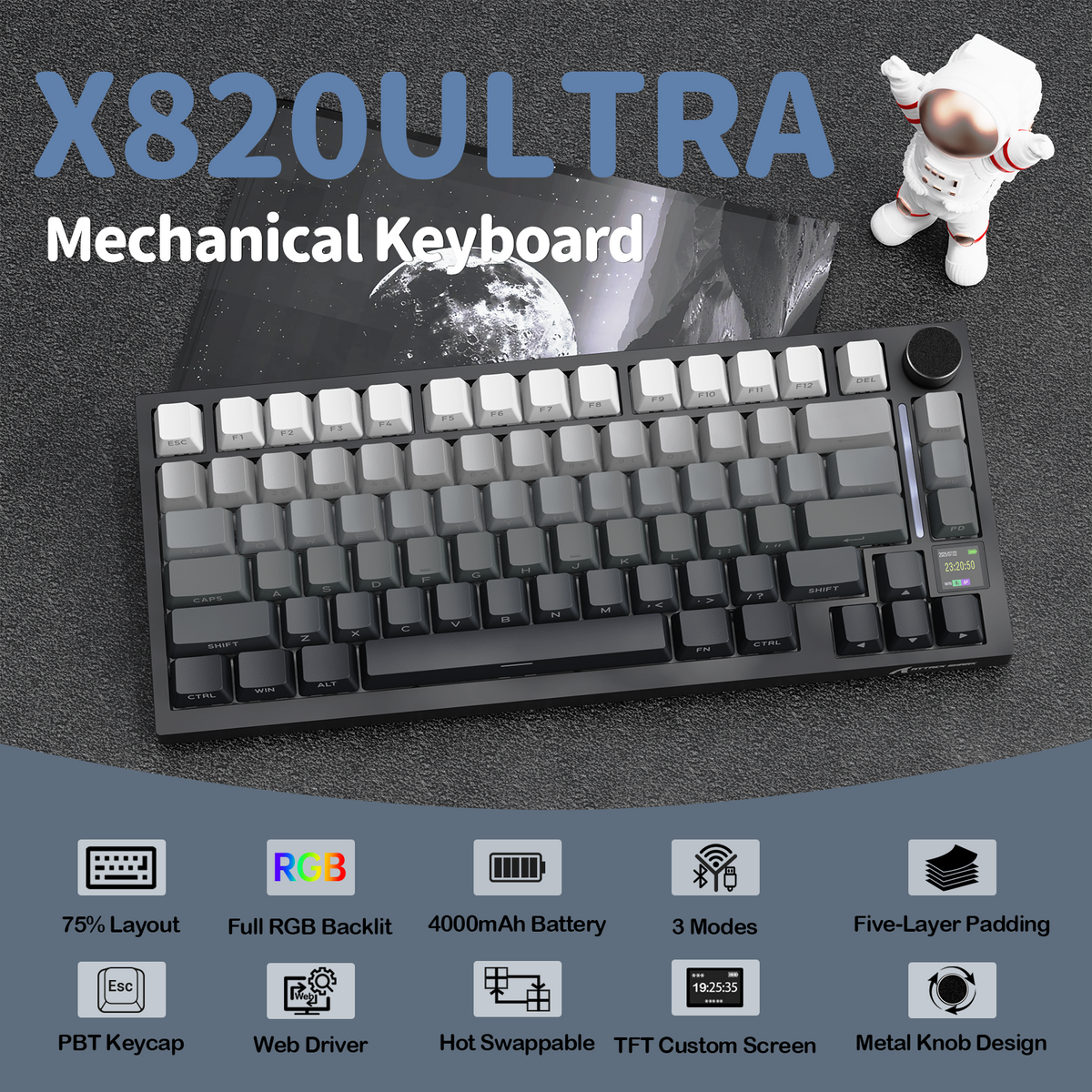 Attack Shark X820 Ultra Black Gradient mechanical keyboard angle view