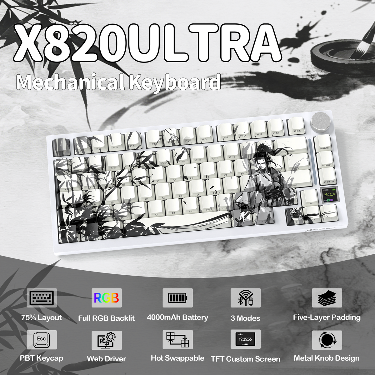 Attack Shark X820 Ultra Dark Warrior keyboard TFT and knob feature view