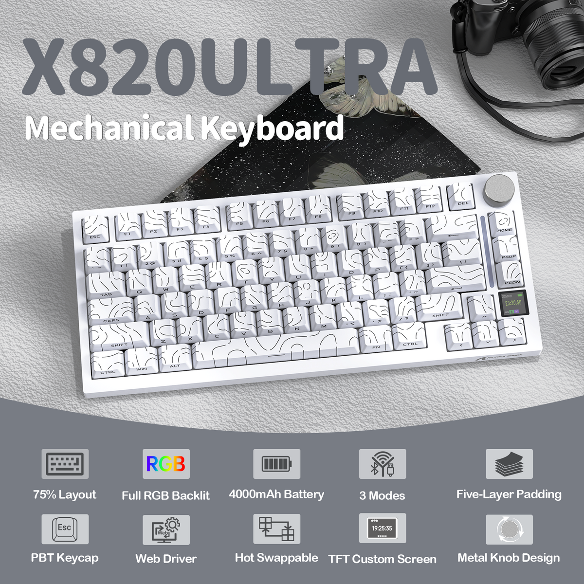 Attack Shark X820 Ultra White Contours mechanical keyboard angle view