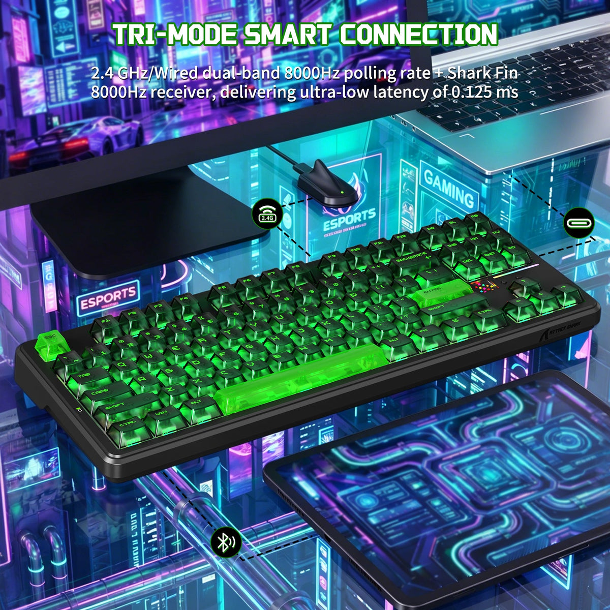Attack Shark X87 Ultra Shadow Jade wireless mechanical keyboard detail view