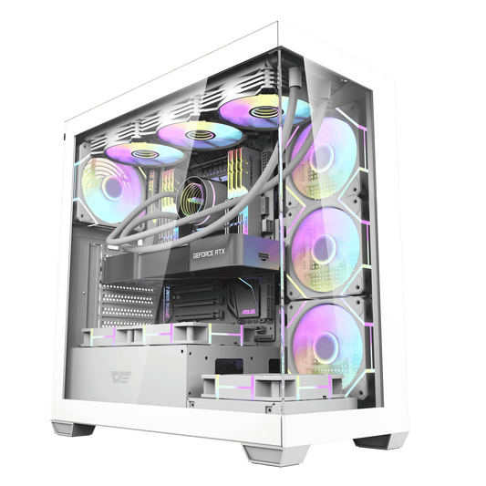 DarkFlash DS900 White ATX PC case official front three-quarter view