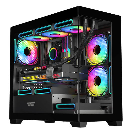 DarkFlash DS900M Black M-ATX panoramic PC case official front three-quarter view