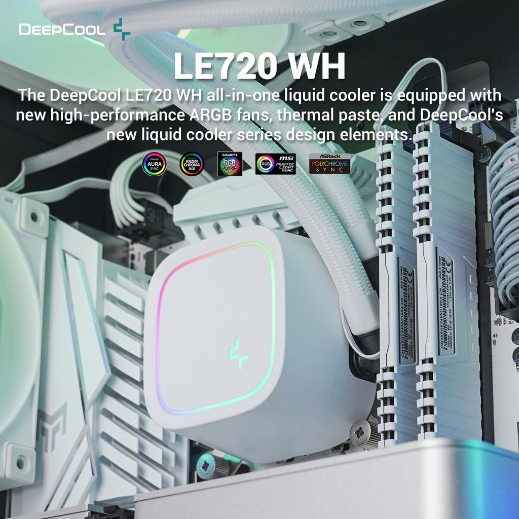 DeepCool LE720 WH installed in a white PC build showing ARGB pump and tubing