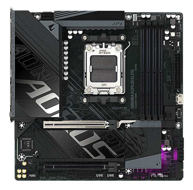 GIGABYTE B850M AORUS ELITE non-Wi-Fi motherboard front PCB and AM5 socket layout