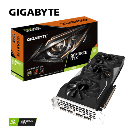 Gigabyte GeForce GTX 1660 GAMING OC 6G official box and graphics card