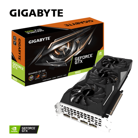 Gigabyte GeForce GTX 1660 GAMING OC 6G official box and graphics card