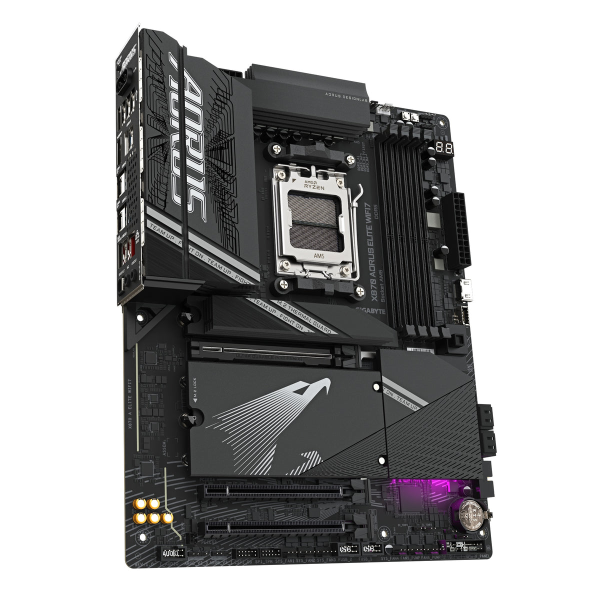 GIGABYTE X870 AORUS ELITE WIFI7 motherboard angled board view