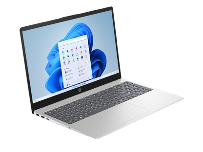 HP 15-FD2050WM Natural Silver angled display and keyboard view