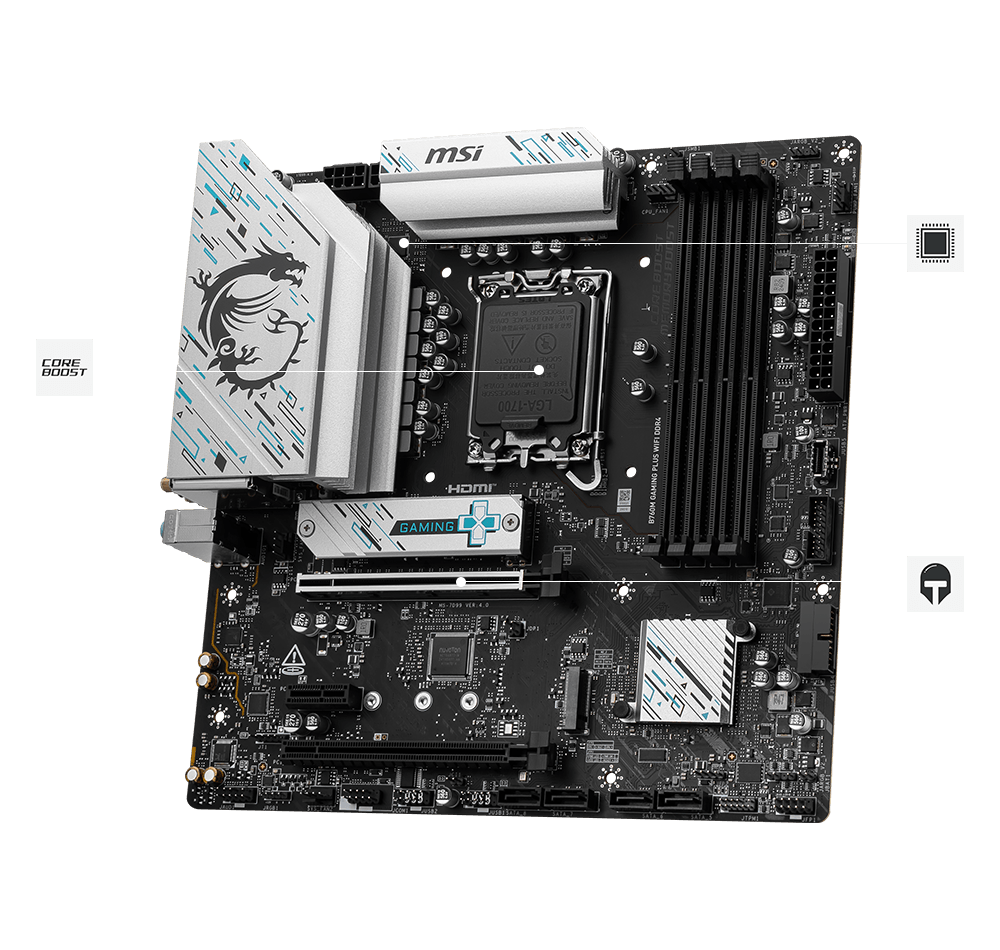 MSI B760M GAMING PLUS WIFI DDR4 motherboard heatsinks DIMM slots and PCIe layout