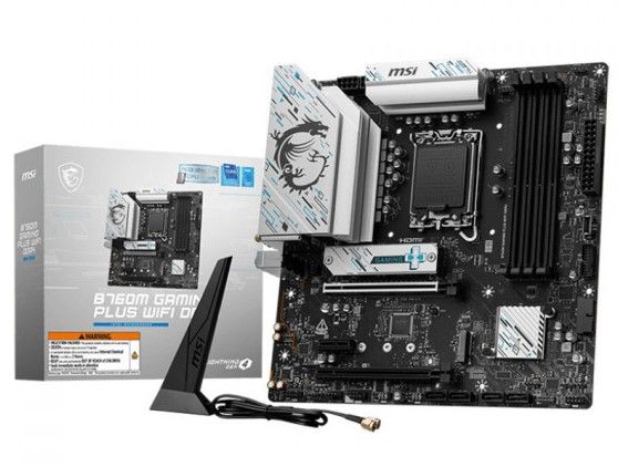 MSI B760M GAMING PLUS WIFI DDR4 motherboard with retail box and Wi-Fi antenna