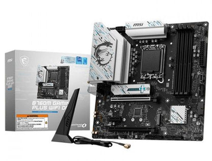 MSI B760M GAMING PLUS WIFI DDR4 motherboard with retail box and Wi-Fi antenna