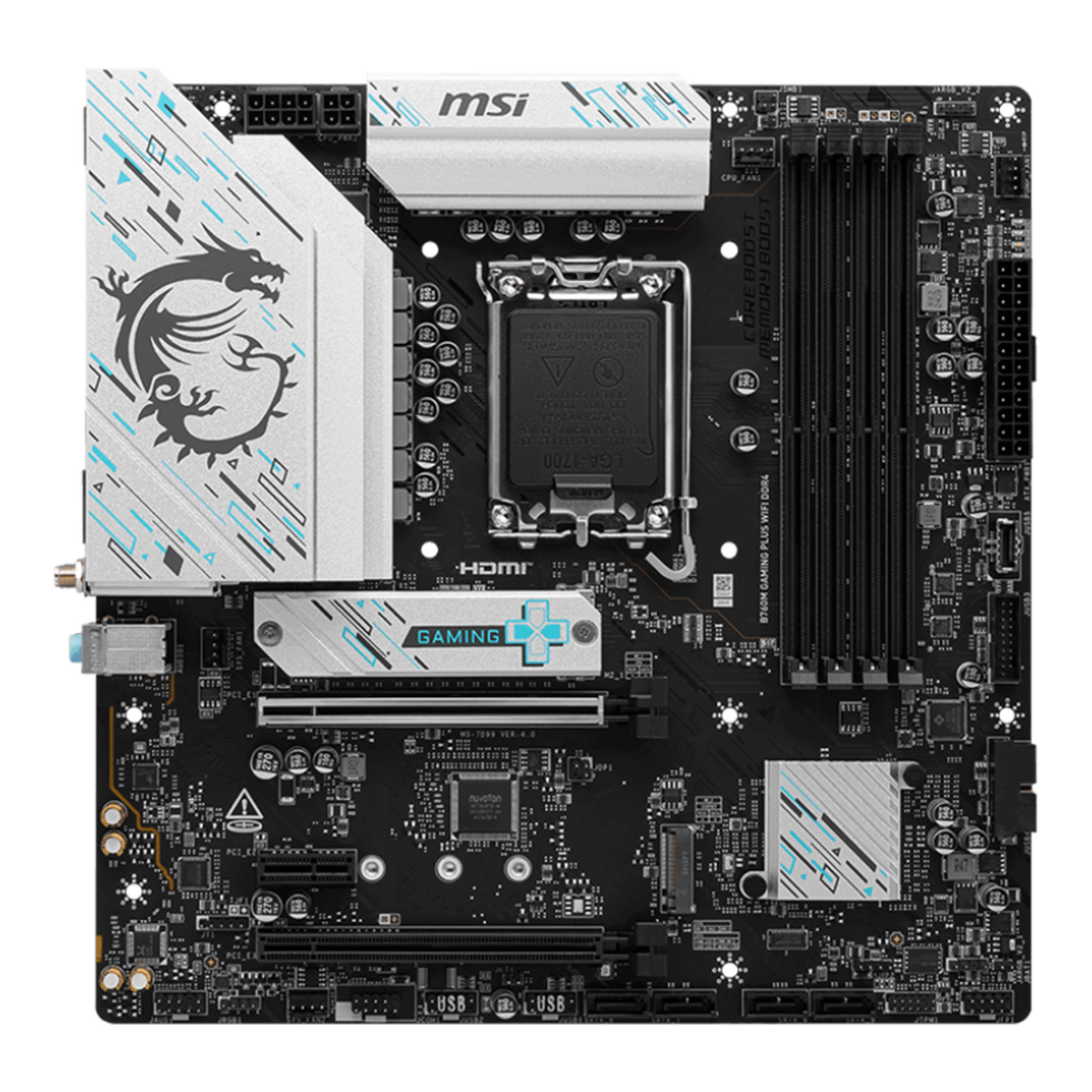 MSI B760M GAMING PLUS WIFI DDR4 motherboard top view with four DDR4 slots