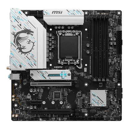 MSI B760M GAMING PLUS WIFI DDR4 motherboard top view with four DDR4 slots