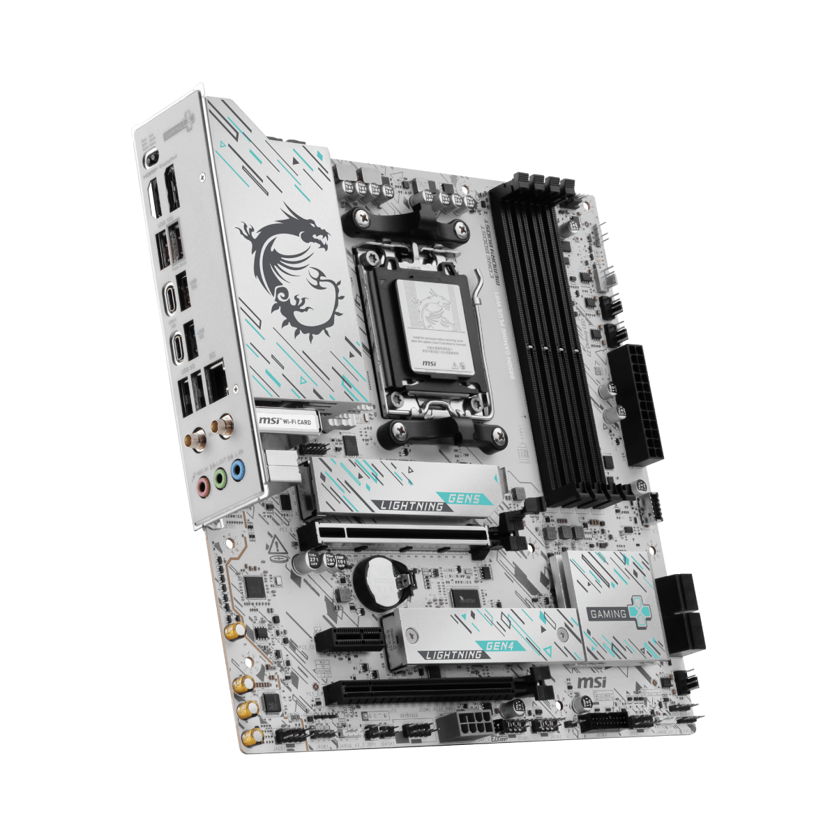 MSI B850M GAMING PLUS WIFI angled motherboard view
