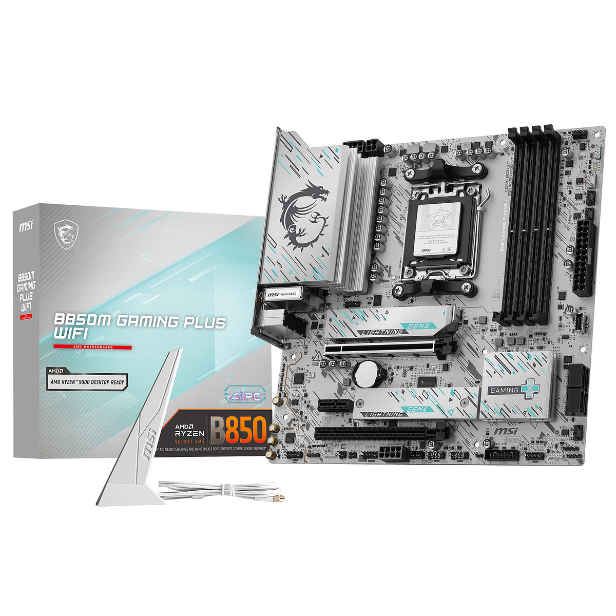 MSI B850M GAMING PLUS WIFI motherboard retail box and antenna