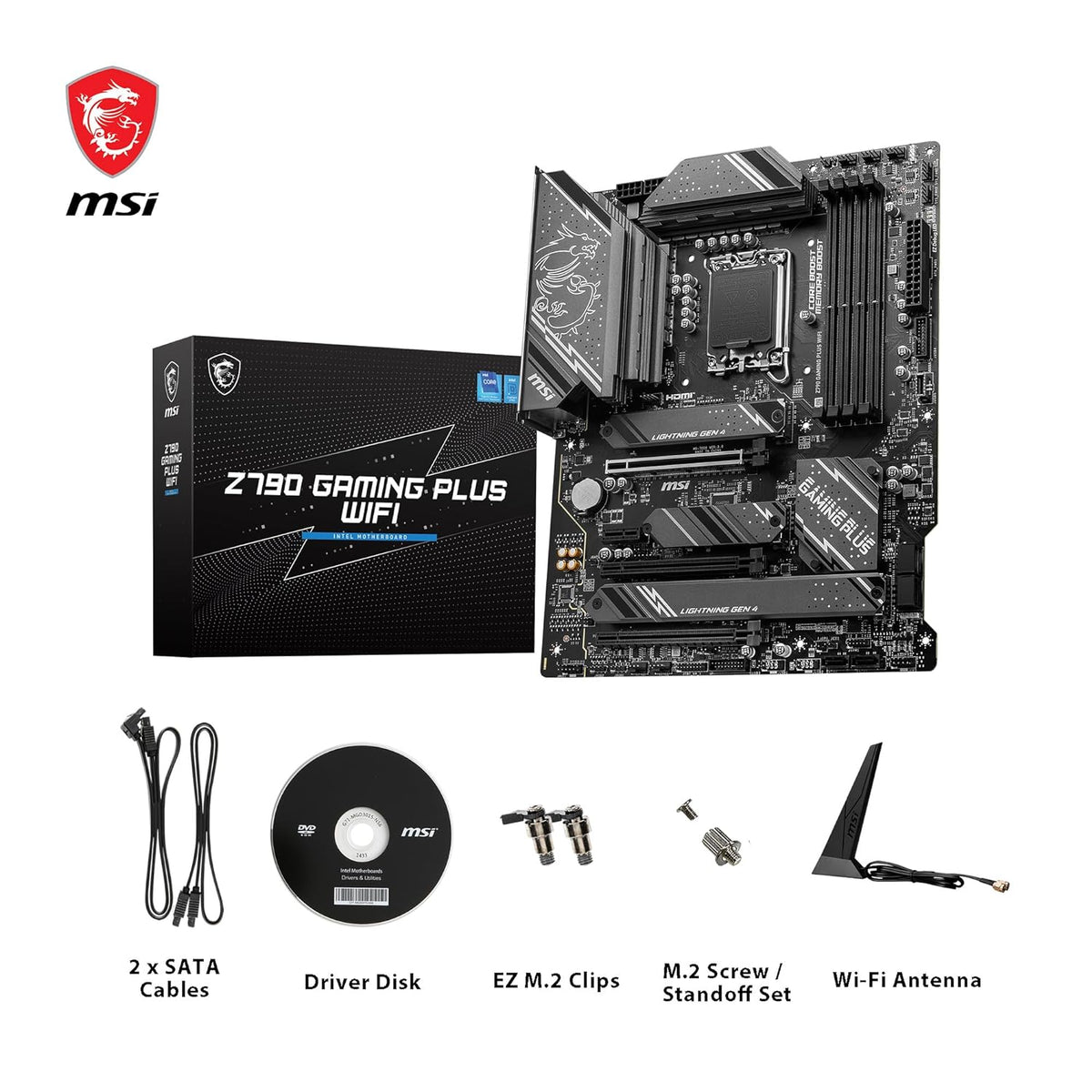 MSI Z790 GAMING PLUS WIFI DDR5 motherboard box and included accessories