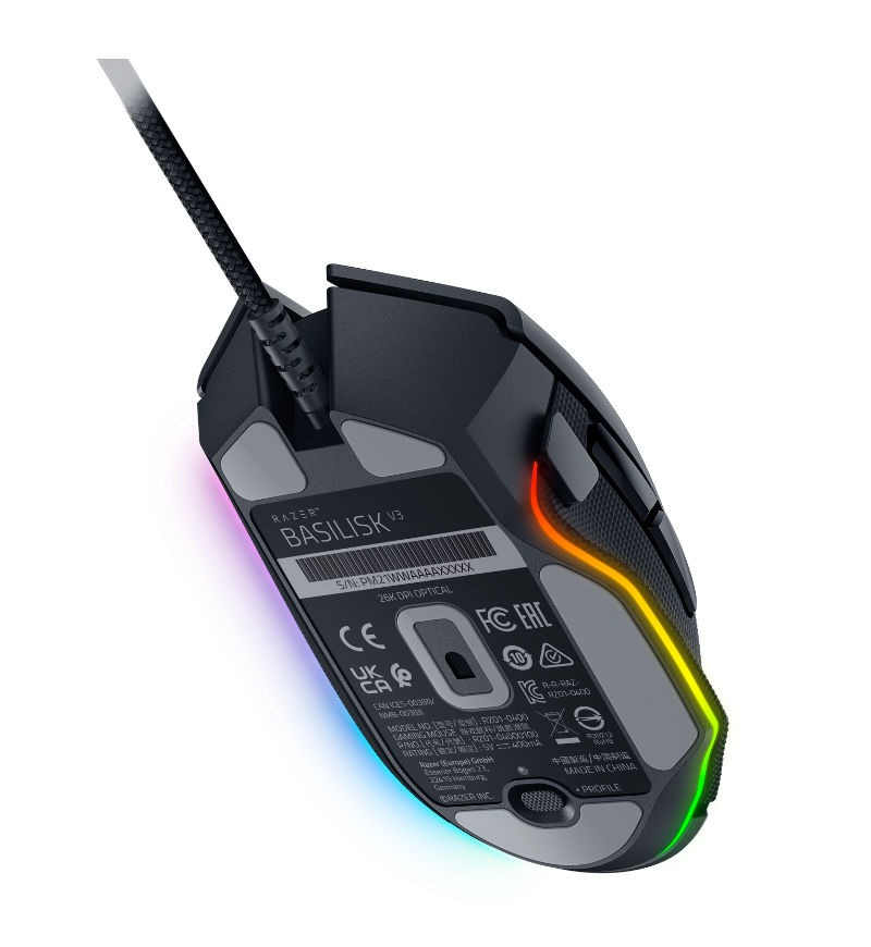 Razer Basilisk V3 black gaming mouse bottom view