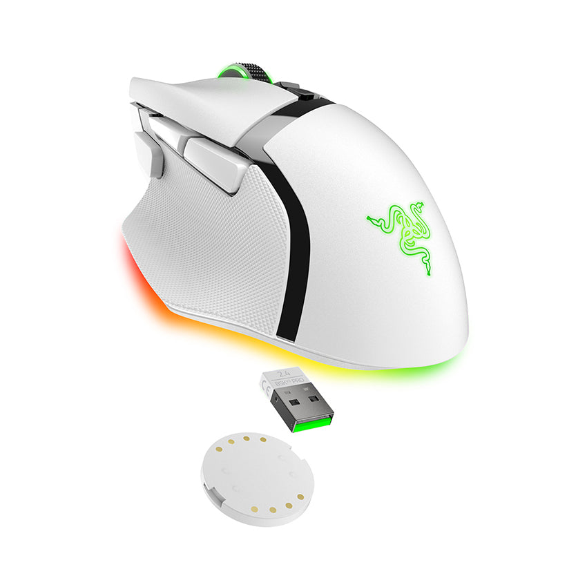 Razer Basilisk V3 Pro White rear angle with wireless accessories