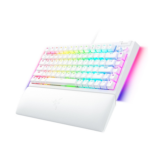 Razer BlackWidow V4 75% White angled view with wrist rest