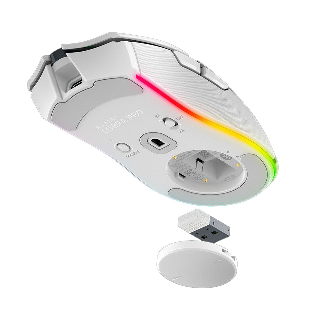 Razer Cobra Pro White underside with dongle and cover