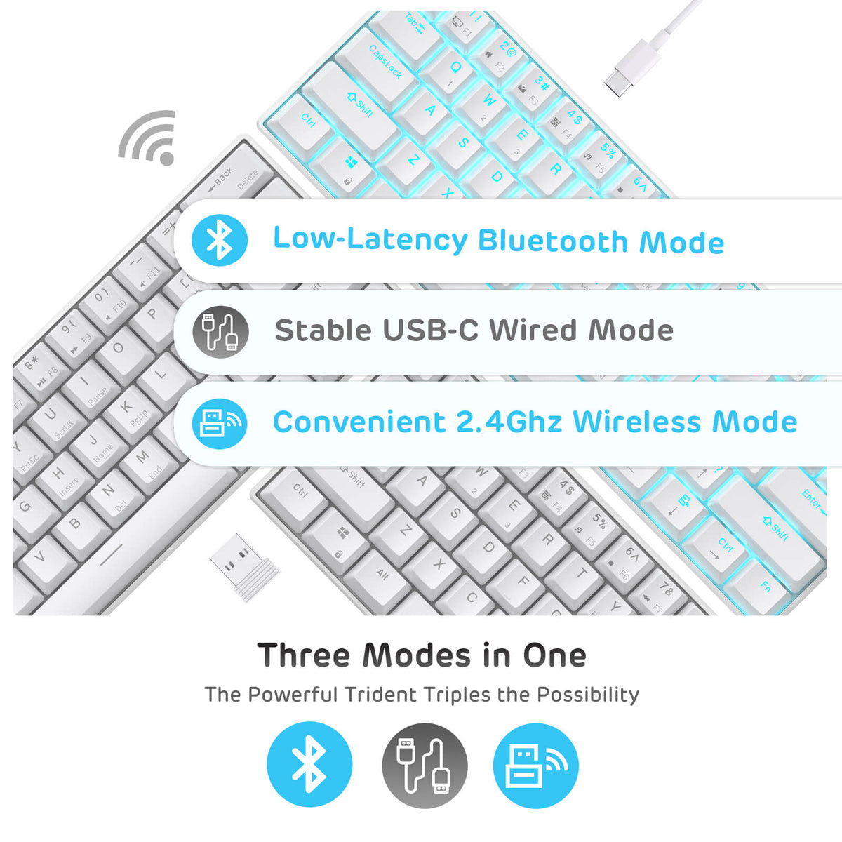 Royal Kludge RK61 white 60 percent mechanical keyboard wireless connectivity