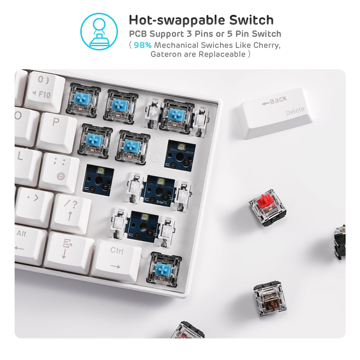 Royal Kludge RK61 white mechanical keyboard hot-swappable switch detail