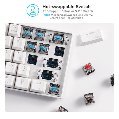 Royal Kludge RK61 white mechanical keyboard hot-swappable switch detail