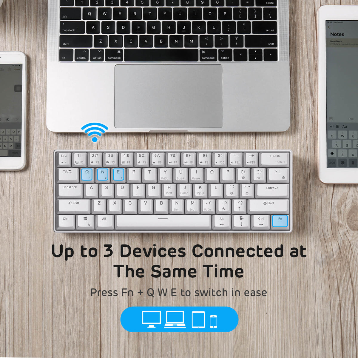 Royal Kludge RK61 white mechanical keyboard multi-device connection