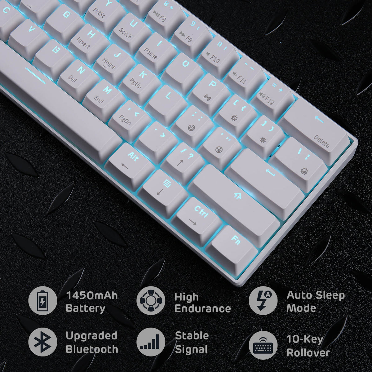 Royal Kludge RK61 white mechanical keyboard battery and Bluetooth detail